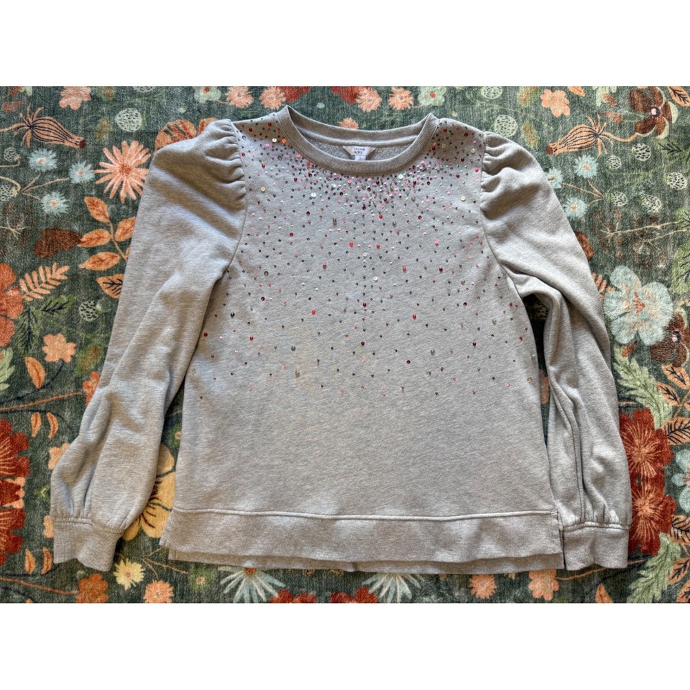 Crown & Ivy Womens Gray Sequin‎ Puff Sleeve Sweatshirt Size L Crew Neck Gray